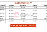 Bảng báo giá in decal pp, dán tường, dán kính quảng cáo khổ lớn 