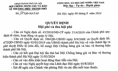 Quyết định hội phí và thu hội phí của Hội chống hàng giả và bảo vệ thương hiệu thành phố Hà Nội